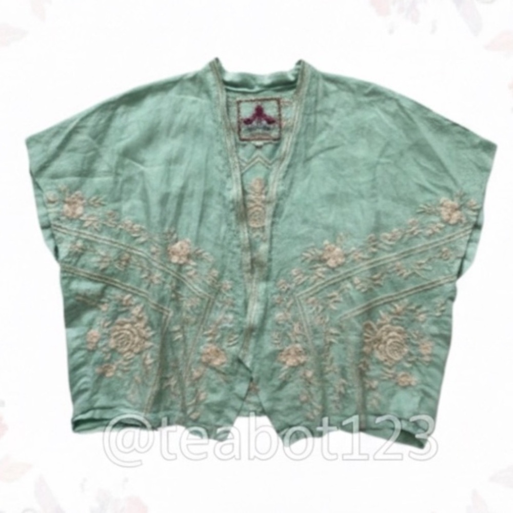 Johnny Was Linen Seafoam Mint Green Embroidered Pop Over Kimono Short Sleeve
